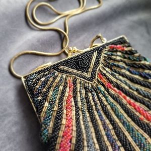 Beaded Clutch Purse, Blue Black Green Red Formal Handbag with Gold Strap
